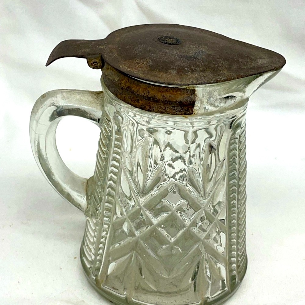 Vintage Crystal glass syrup pitcher with metal flip up lid sz 5x3
